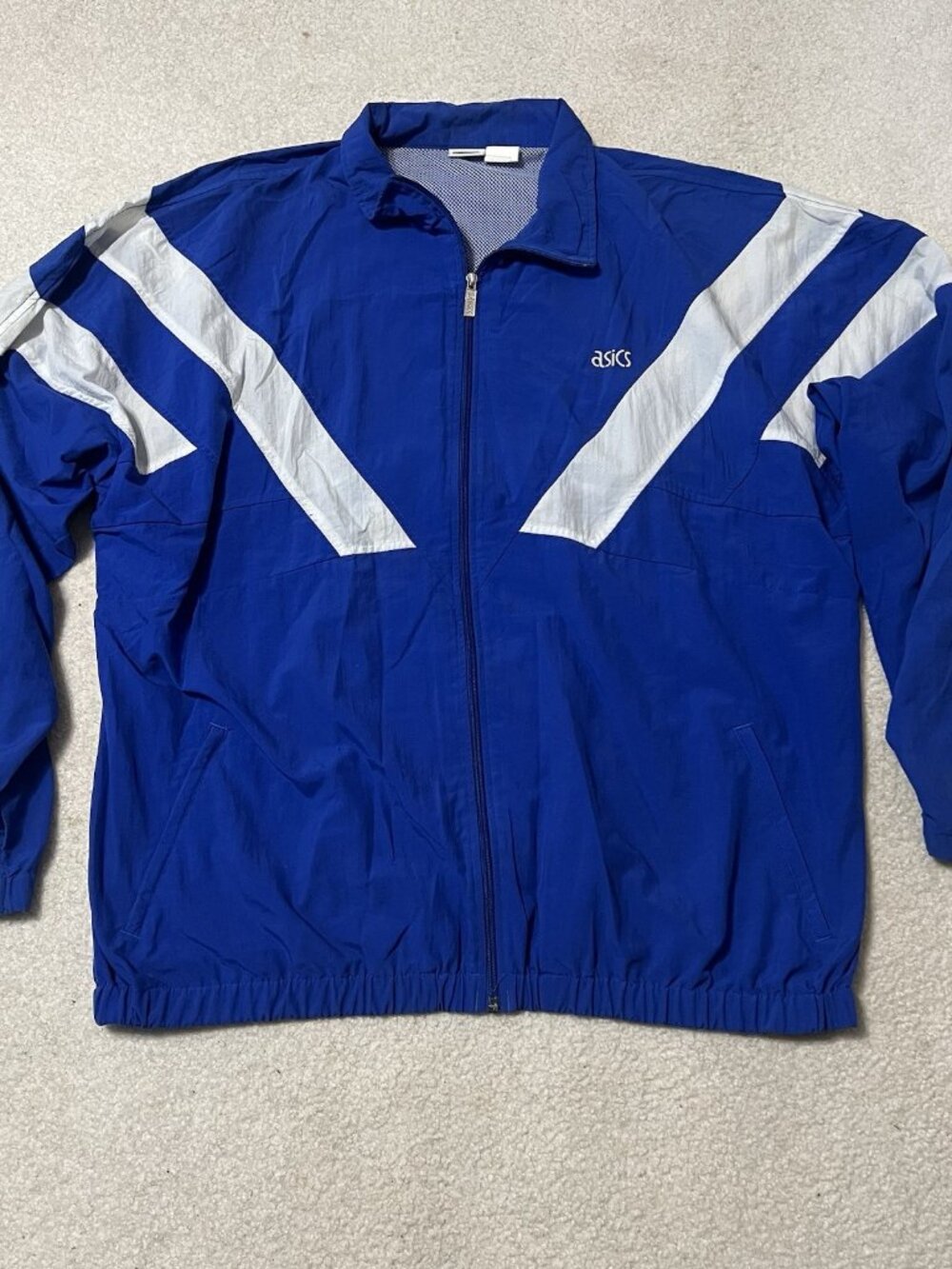 Vintage ASICS XXL Windbreaker Track Jacket Blue White Chevron Full Zip